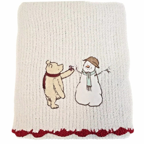 Disney Classic Winnie the Pooh Chenille Baby Blanket Snowman White Red Trim HTF - Picture 1 of 10